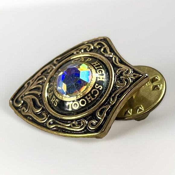 CAP HIGH SCHOOL Pin 10 Year Anniversary Faceted Stone Brooch Sheild Scroll Pin - Picture 2 of 7